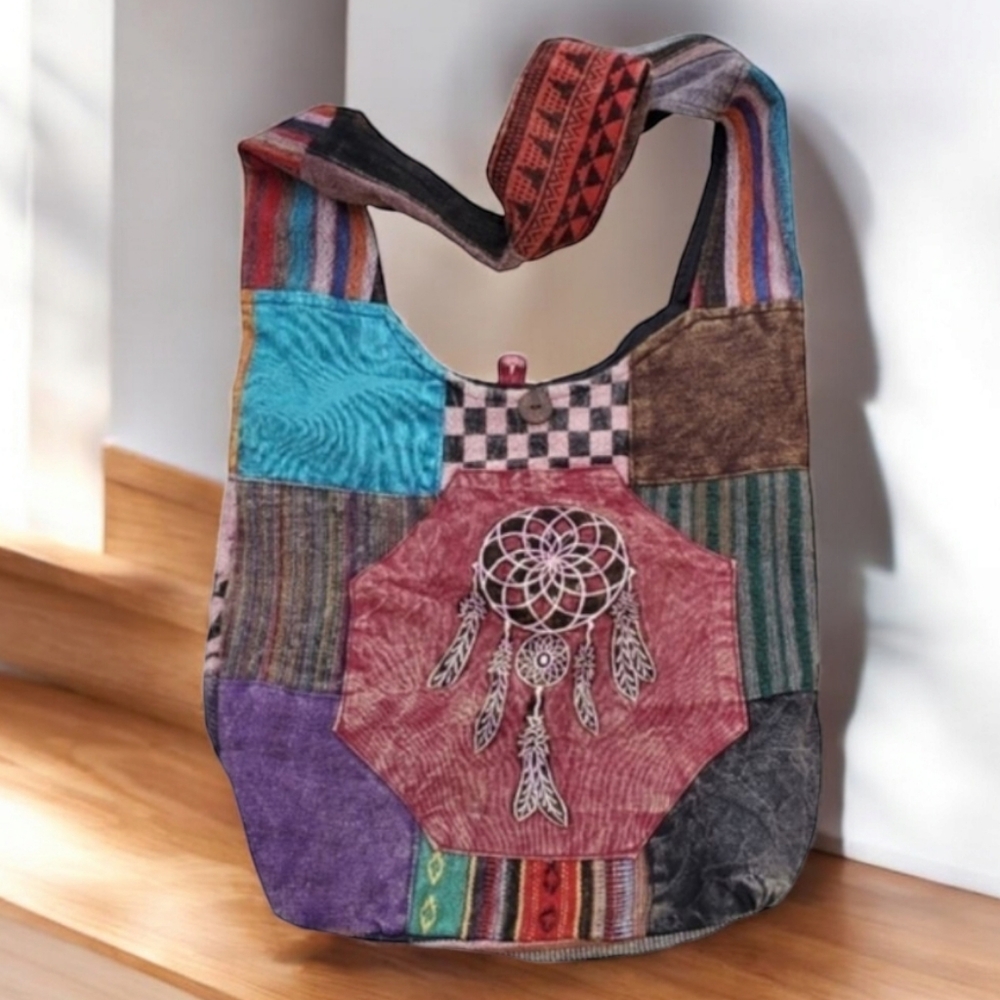 VINTAGE HANDMADE NEPAL Dream Catcher Patchwork Crossbody Bag Purse Shoulder Tote - Picture 2 of 11